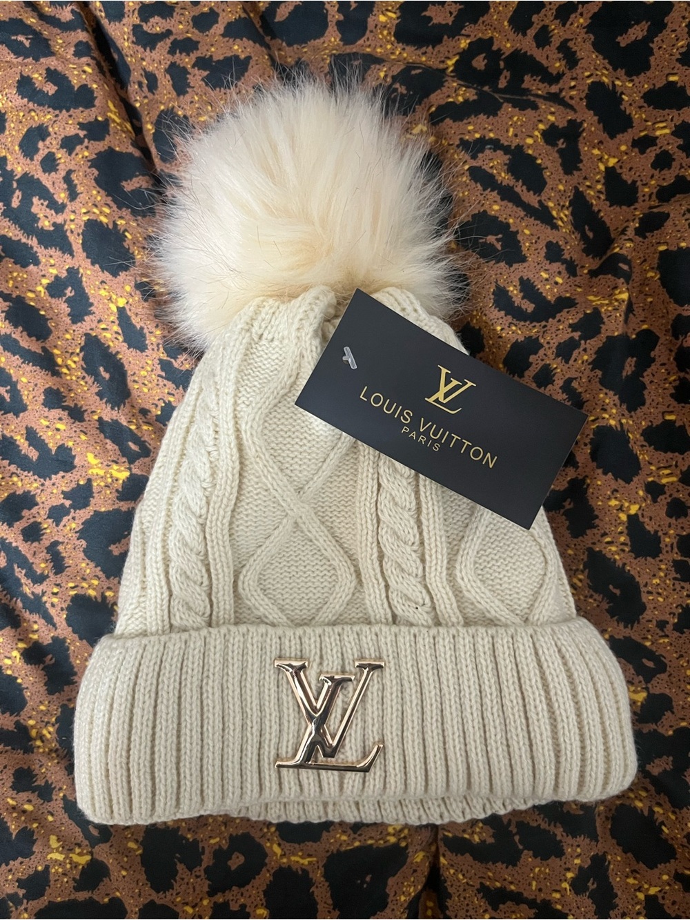 Louis Vuitton Cream Cable-Knit Pom Pom Beanie with Gold LV Emblem
